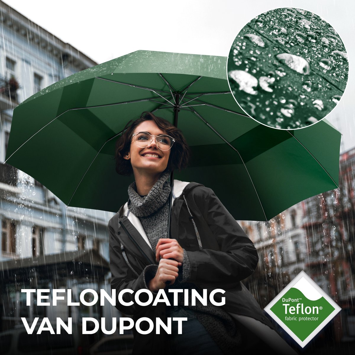 Wilford & Sons Stormparaplu Opvouwbaar Zak Paraplu Stormproof + Knop Automatisch & Beschermhoes | Heren Dames - Compact Stevig, Teflon Wind & Waterdicht Handvat Polsstrap| Reisparaplu Zakparaplu Golf, Groen - Dubble Dak — cadeau in Cadeau-ideeën - foto 5