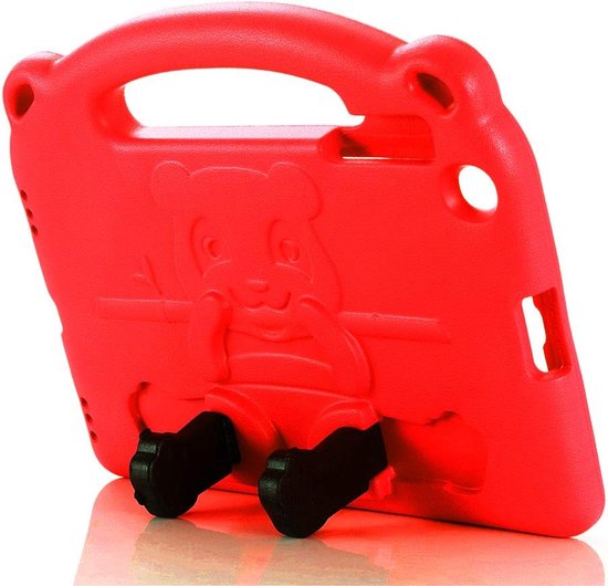Étui pour tablette rouge avec des oreilles en forme d'ours et une poignée, avec un support de type ours mignon à l'arrière.