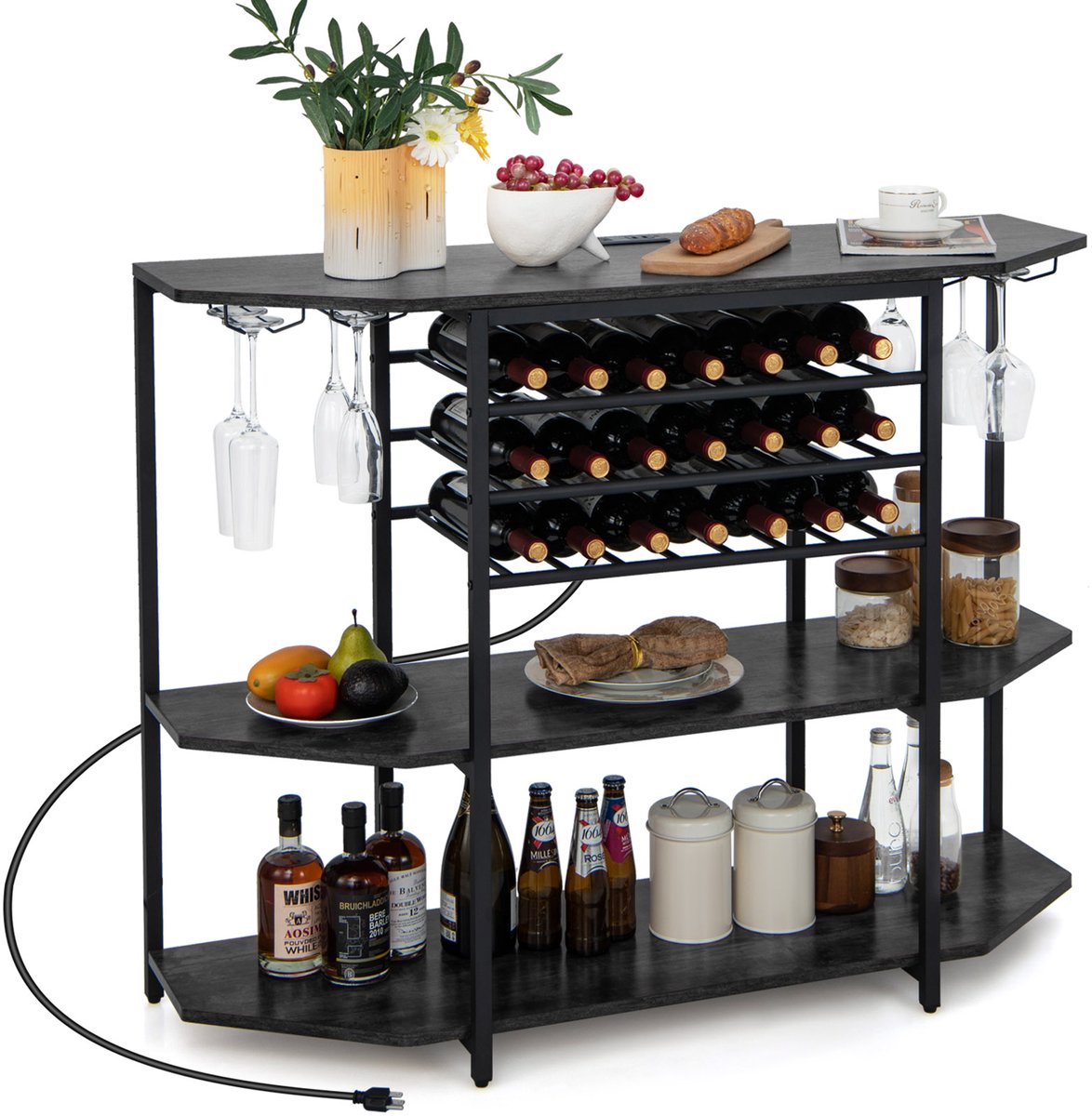 COSTWAY Wijnrek met glazen houder en planken, 3 niveaus, flessenrek met stopcontacten, voor 21 wijnflessen, industri毛le en vrijstaande wijnkast voor thuis, keuken, bar, 120 x 40 x 92 cm