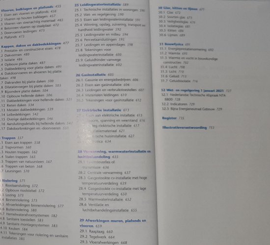 Boekpagina's met een lijst van onderwerpen en hoofdstukken, inclusief nummering.