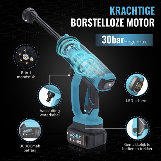 ROVAX Hogedrukreiniger- 2026 Model - Brushless motor - Hogedrukreiniger Accu - Hogedrukreiniger Auto - Draadloze Hogedrukreiniger - Terrasreiniger - Hogedrukspuit- 2x 30000 mAH Accu — afbeelding 4
