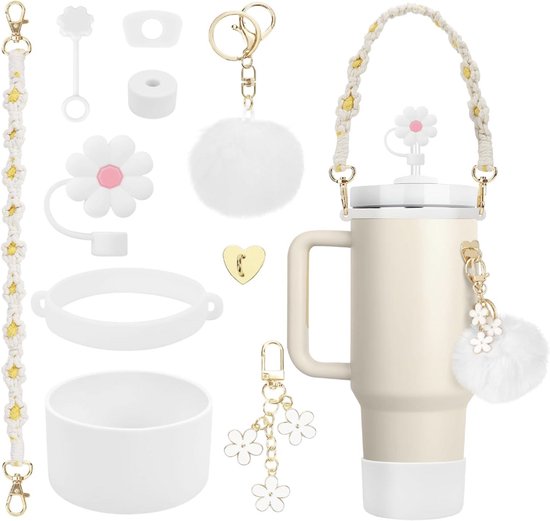 Estefanlo Stanley Cup-accessoireset, 7 stuks, inclusief waterfles handvat, siliconen beker, laarzen, siliconen rietjesafdekking, Stanley Cup accessoires voor Stanley Cup 800 ml - 1100 ml (roze