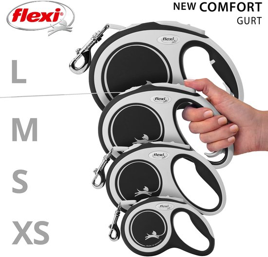 Quatre laisses enrouleur Flexi New Comfort dans les tailles L, M, S et XS, présentées avec une main.