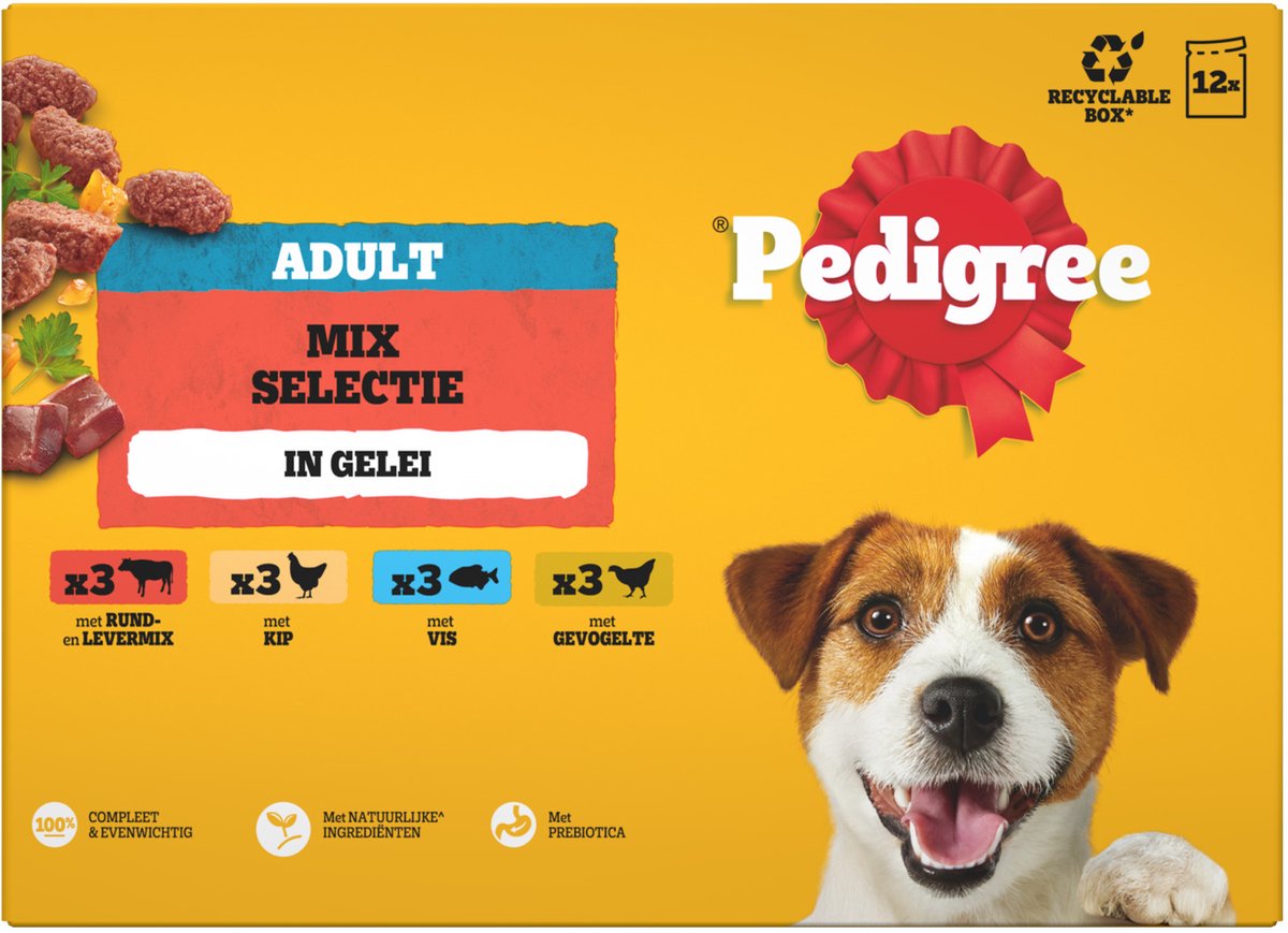 Pedigree Pedigree Natvoeding Honden - 12x100g Maaltijdzakjes In Gelei - Volwassen Honden, Variatie Met Vlees