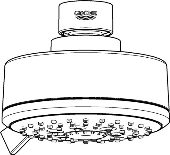 Schematische tekening van een GROHE douchekop met 4 stralen: Rain O², Rain, Jet en Massage.