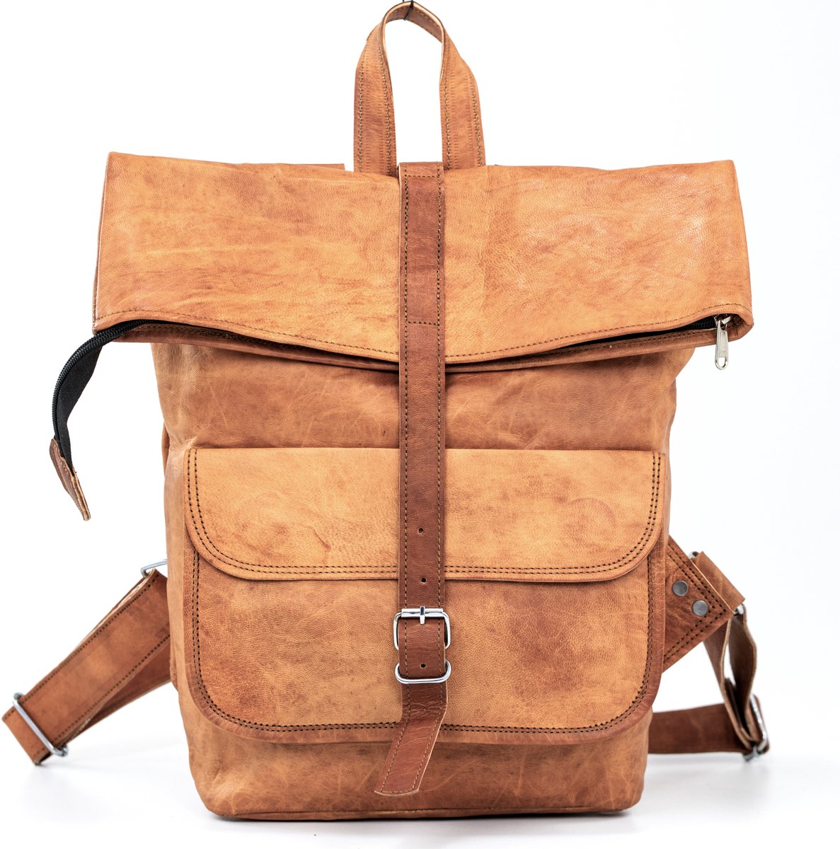 Rugtas Rolltop van Echt Leer – Cognac Bruin Echte Leder - Ruwe Urban Vintage Look – 50 x 35 x 12 cm / Laptop 16 inch / A3 Documenten – Entreríos Model 028