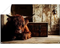 Schotse hooglander bij houten kist - Schotse hooglander tuinprints - Tuinkunst koe - Realistische kunst - Schuttingdoek - Tuinposter op maat - Tuinposter 150x100 cm