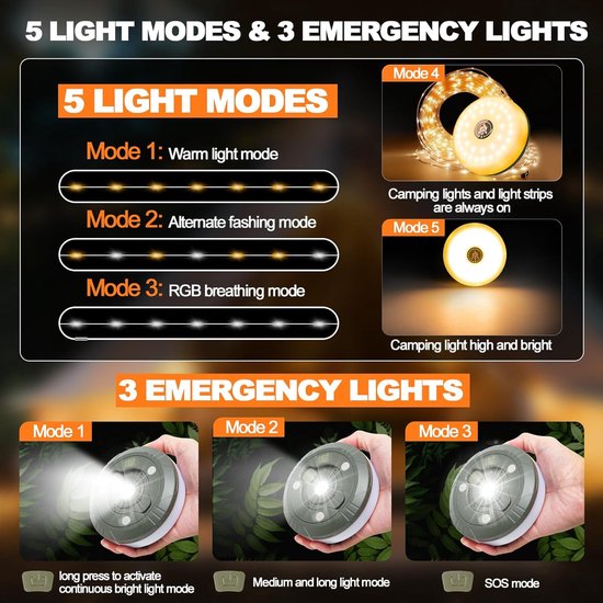 Camping Lichtsnoer - 10 Meter - IP44 Waterdicht - Oprolbaar - Oplaadbaar - Warm-Wit - Verlichting Buiten Slinger - Lampjes - Lampenslinger - Kampeerlamp - Tentlamp van Luca Lighting — afbeelding 2