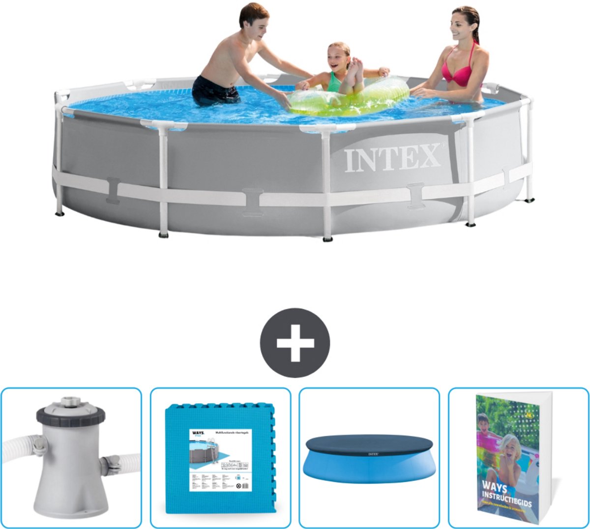 Intex Rond Prism Frame Zwembad – 305 x 76 cm – Grijs – Inclusief Pomp Vloertegels – Afdekzeil – Zwembadgids