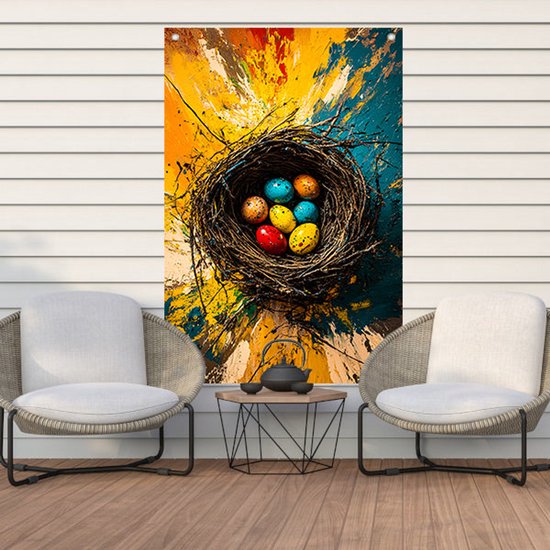 Oeufs colorés dans un nid - Affiches Nest - Affiche d'oeufs d'extérieur - Expressionnisme abstrait - Affiche Décoration de jardin - Décoration de jardin - affiche jardin 100x150 cm