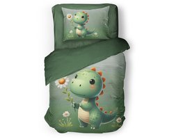 Eleganzzz Kinder Dekbedovertrek Sleeposaurus - Dino Dekbedovertrek - Green - 140x200/220cm - Dekbedovertrek Kinderen - Micropercal - Eenpersoons