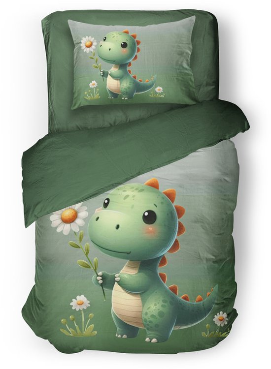 Housse de couette verte avec un dinosaure de dessin animé tenant une fleur et un fond blanc.