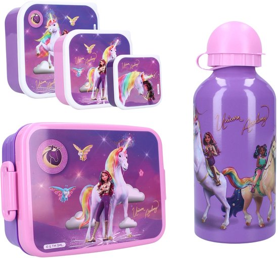 Unicorn Academy Lunchset - Drinkfles - Lunchbox - 3-in-1 Snackboxen