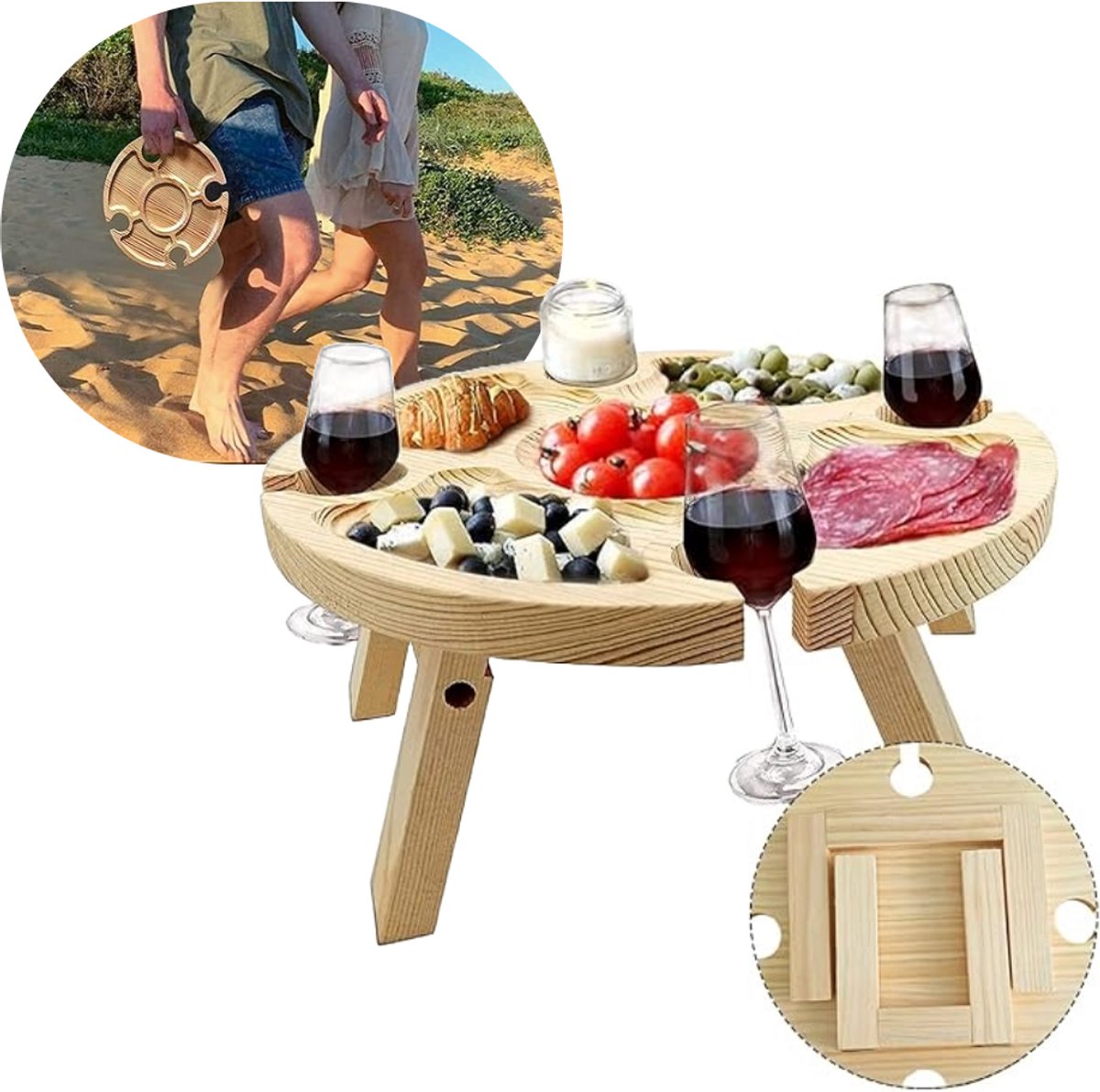Stevige Mini Wijntafel van Dennenhout | ⌀ 30 cm | Opvouwbare Picnic Tafel | Kleine Barbecue Tuintafel | Ideaal Voor Buiten, Camping, Strand & Boot
