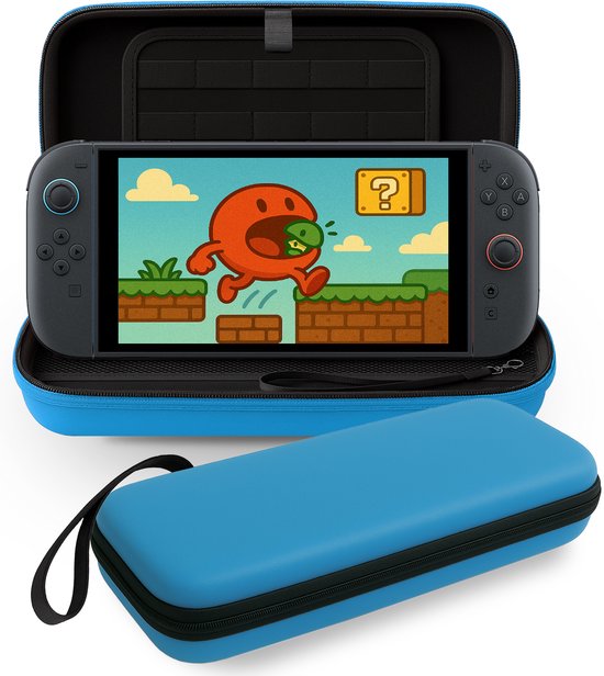 Blauwe Nintendo Switch hoes open met console en gesloten hoes ernaast.