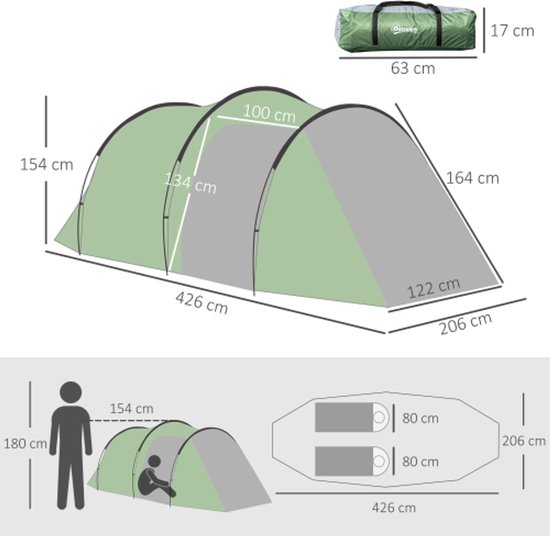 Tunneltent voor 2-3 personen, 190T kampeertent met haringen, glasvezel & polyester, donkergroen, 426x206x154cm voor buitenavonturen van Merkloos — afbeelding 4