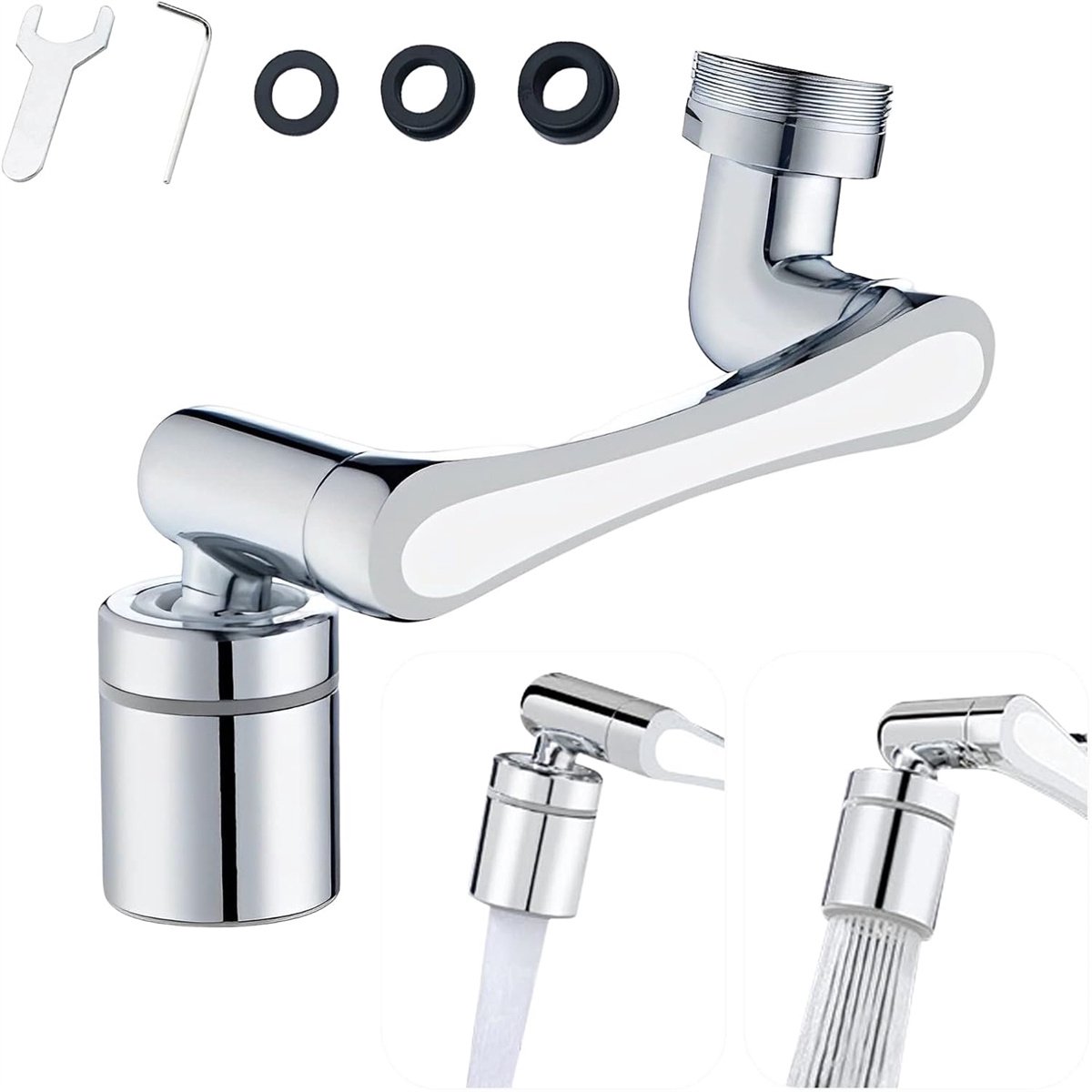 Kraanverlengstuk - 1440° Draaibare Universele Tuit - Anti-Spat Filter - Voor Keuken & Badkamer - 2 Waterstanden - Met Spuitmond - Voor Huishouden - Zilver - One Size - 1 stuk