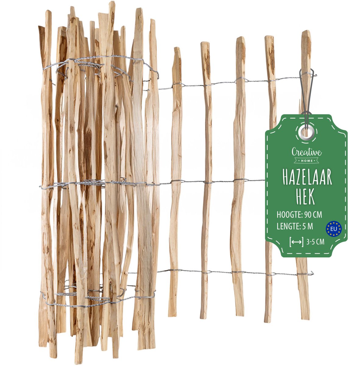 Creative Home houten schutting 90cm hoog en 5m lang | hazelnoot schutting | rolschutting | lamelafstand 3-5 cm | schutting tuin Ideaal als gazonrand bloemperk rand gemaakt van hazelnoot