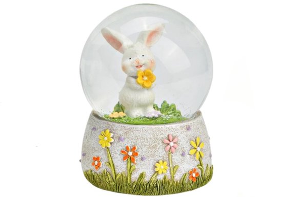 Boule à neige shake globe lapin blanc dans l'herbe avec fleurs - 7x9x7cm sur socle décoré de fleurs - Pasen - Décoration de Pâques - Lapin de Pâques