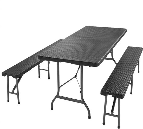 Tuintafel met 2 bankjes inklapbaar 180 cm staal en HDPE wit