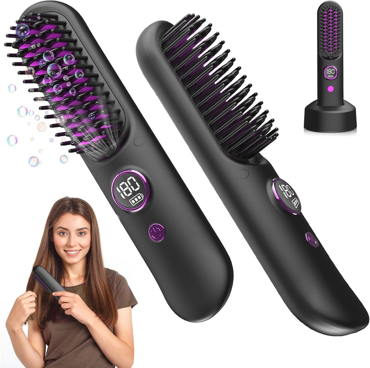 2-in-1 Draagbare Stijltang met verwarmde Kam - Snel Opwarmen en 9 Temperatuurinstellingen voor Perfecte Haarstyling
