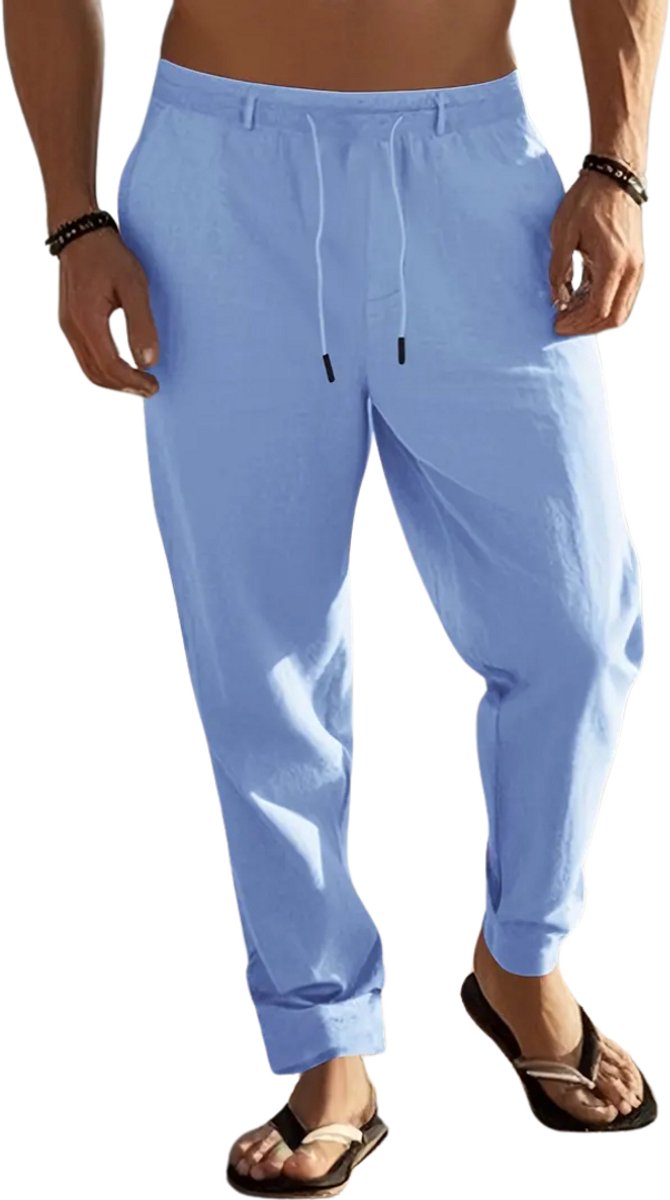 Livano Linnen Broek Heren Zomerbroek Volwassenen Lange Broek Pantalon Strandbroek Zomer Ibiza Stijl Lichtblauw