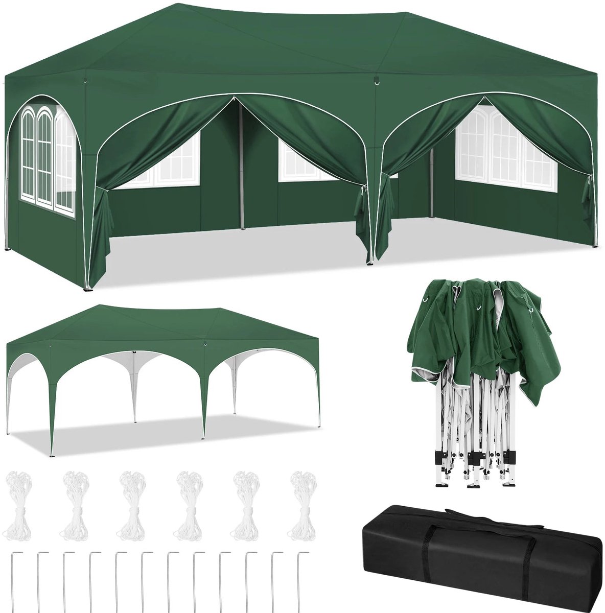 Tuinpaviljoen - Partytent - Easy up Partytent - Paviljoen - Partytenten - Opvouwbare - 3x6 Meter - 6 Zijwanden - Waterdicht – UV-Bescherming – Verstelbare Hoogte – Met Draagtas – Groen