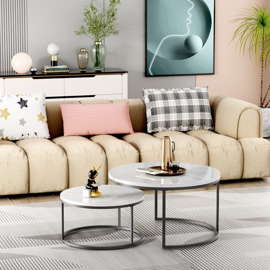 Henunem Salontafel, rond, set van 2, gemarmerde salontafel, banktafel, bijzettafel met metalen frame, moderne koffietafels, voor woonkamer, slaapkamer (goud-79-FH