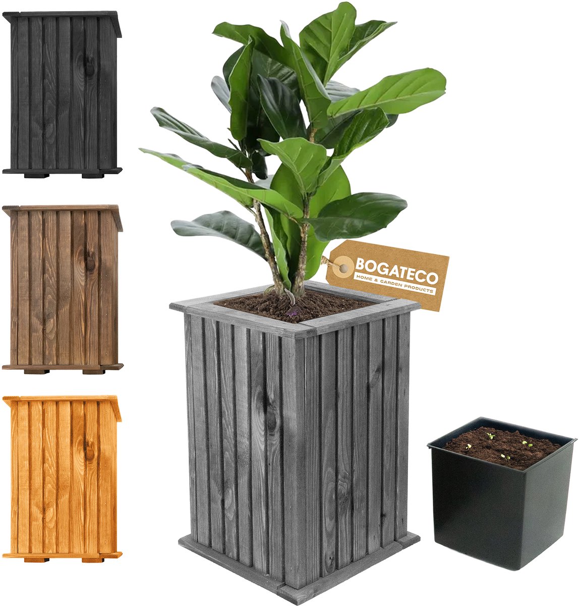 BOGATECO houten bloembak | Plantenbak | Bloempot 40 x 25 x 25 cm | Kruidenpot voor huis tuin balkon terras | Pot met kunststof inzetstuk | Waterdicht | Grijs