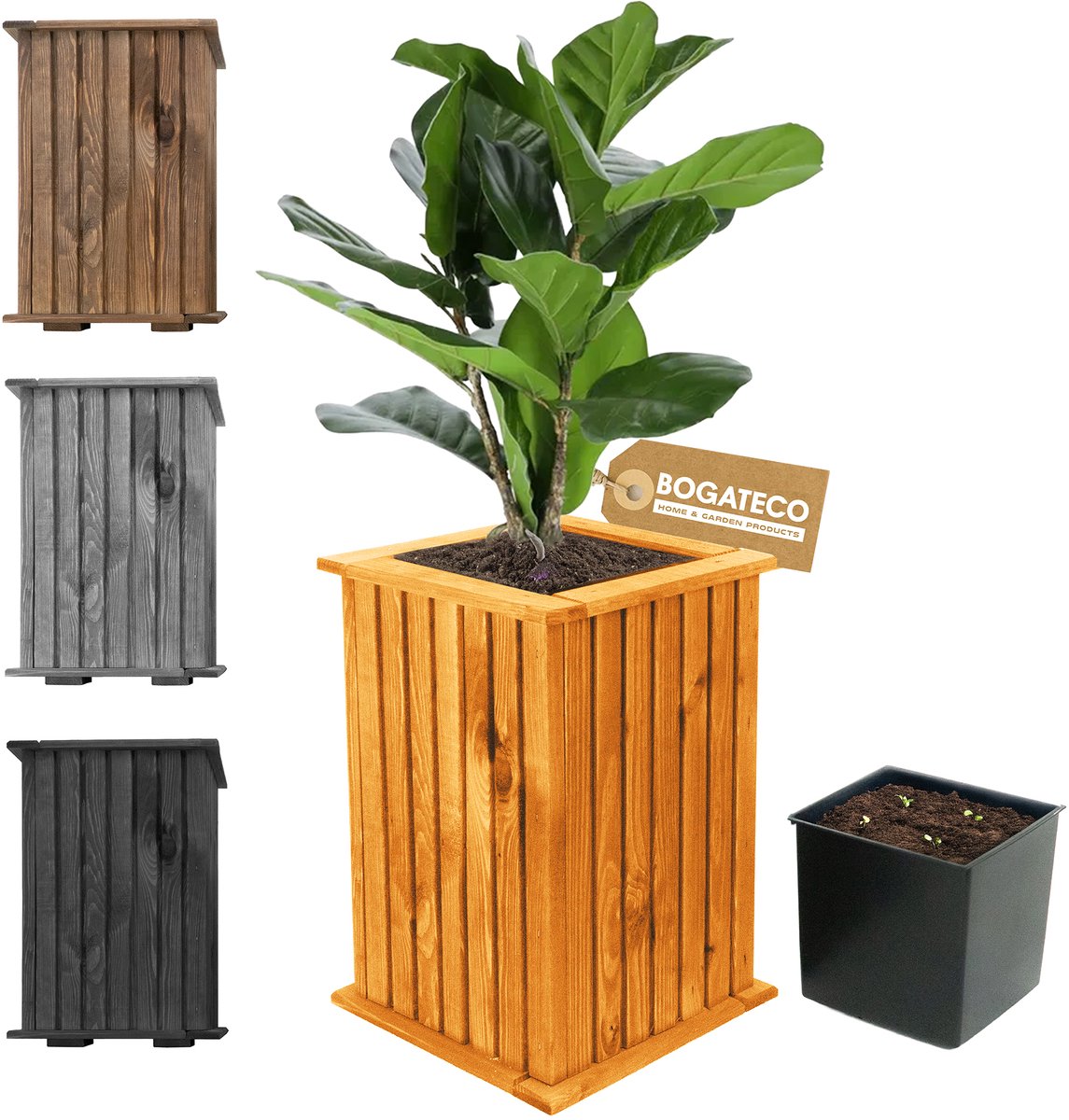 BOGATECO houten bloembak | Plantenbak | Bloempot 40 x 25 x 25 cm | Kruidenpot voor huis tuin balkon terras | Pot met kunststof inzetstuk | Waterdicht | Lichtbruin