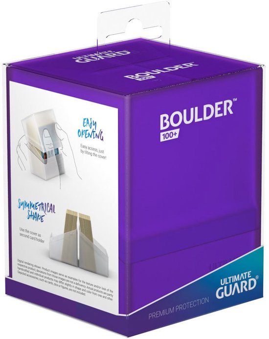 Paarse opbergdoos voor kaarten, met de tekst "BOULDER 100+" en "ULTIMATE GUARD". Een illustratie toont hoe de deksel als kaarthouder kan dienen.