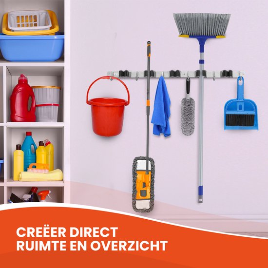 TTD® Luxe XXL Bezemhouder en Bezem Ophangsysteem voor Gereedschap - Bezemhouder Zelfklevend - Gereedschapshouder - Schoonmaak - 5 Ophanghaken & 6 Gereedschapsklemmen - Opbergsysteem - Tuingereedschap - Klussen - 62 CM - RVS - Inclusief 3M tape van TTD® — afbeelding 2