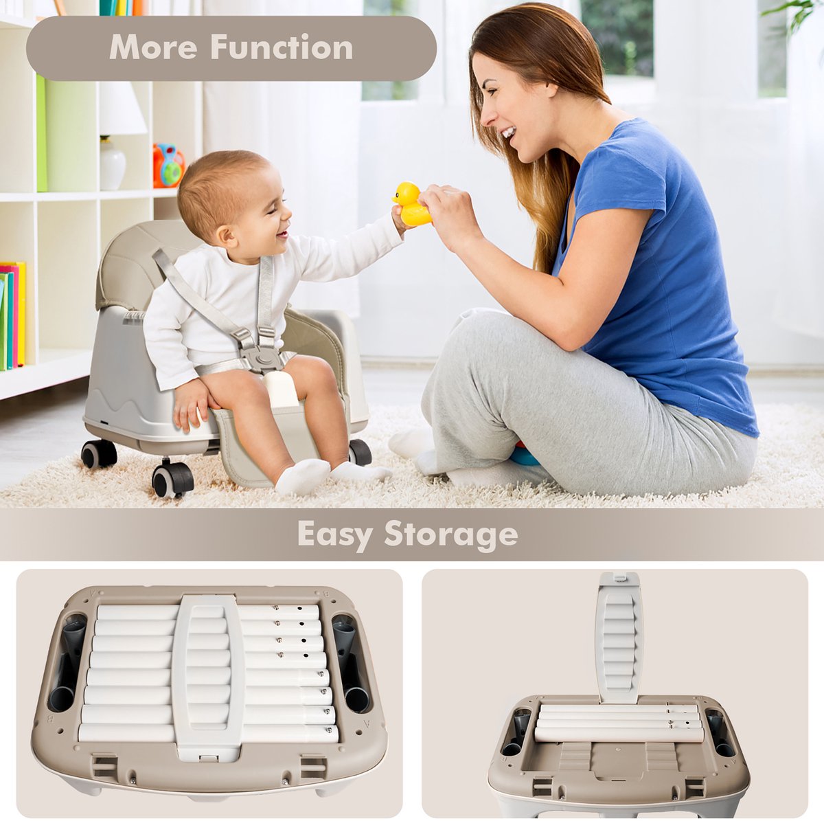Aufun 3-In-1 Kinderstoelen, Kinderstoel, Eettafel, Babystoel, Babywalker, Babywalker, Stoelverhoger, Kinderzitje Voor Baby'S Van 6-36 Maanden, Tafel, Stoel Met Tafel En Wielen, Dienblad, Draagbaar, Beige thumbnail 3