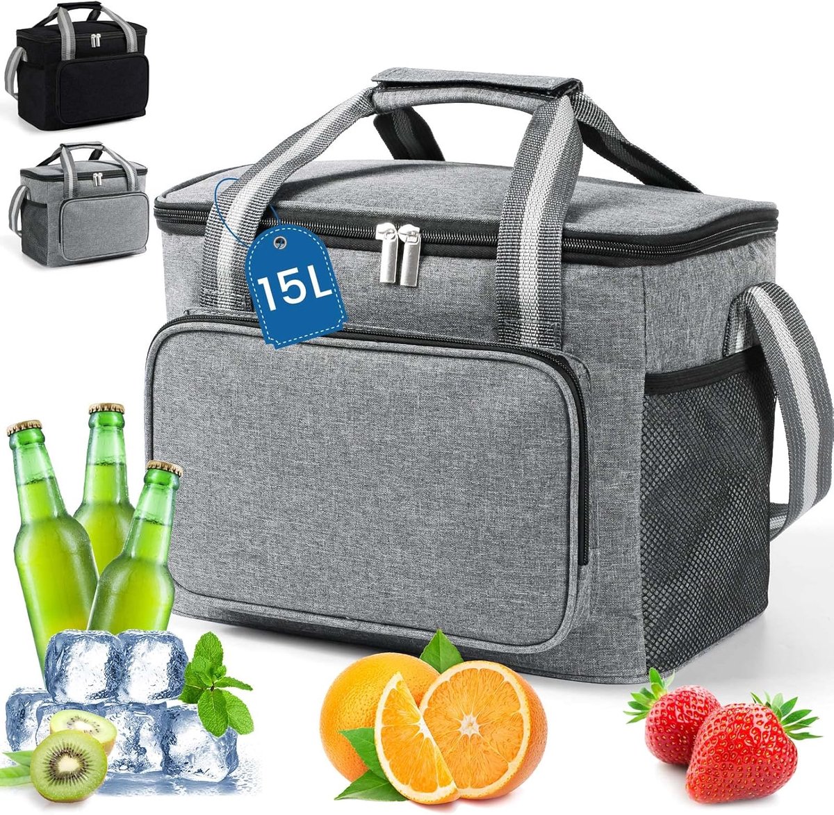 Famanu - Kleine koeltas voor onderweg, opvouwbare koeltas, thermotas voor picknick/BBQ/camping/uitstapjes/winkelen/auto, 15 Liter, Grijs