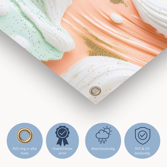 Meringue decoratie op pastel achtergrond - Desserts tuinprint - Tuinversiering meringue - Surrealistisch - Poster buiten - Wanddecoratie - tuinposter 150x100 cm