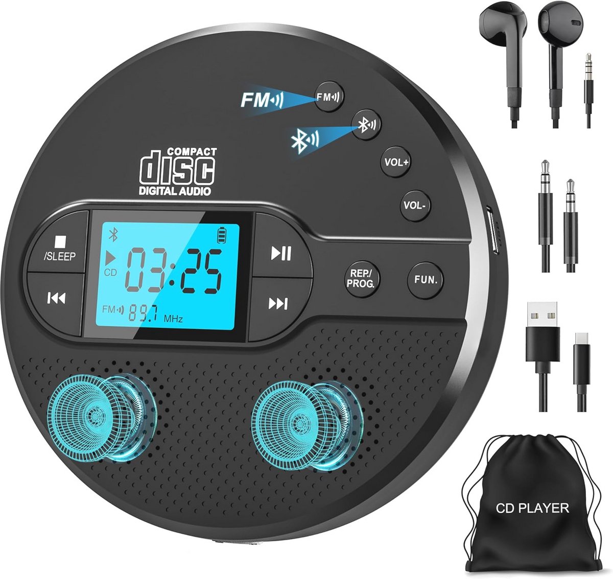 Draagbare Bluetooth CD-speler met 2000 mAh, FM-zender en USB - Walkman CD-speler met hoofdtelefoon en anti-schok