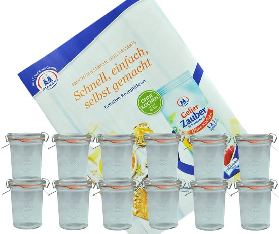 Set van 12 Weck potten van 160 ml met 12 glazen deksels, 12 inmaakringen en 24 klemmen incl. Diamant-Zucker Gelierzauber receptenboekje