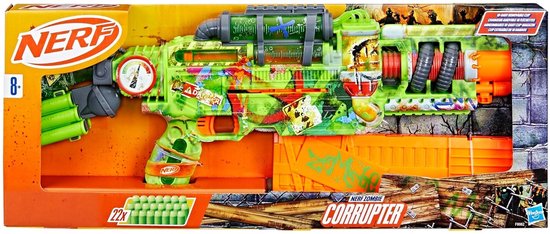 Nerf Zombie Corrupter blaster in de verpakking, met de tekst 'NERF ZOMBIE CORRUPTER' en 22 darts.