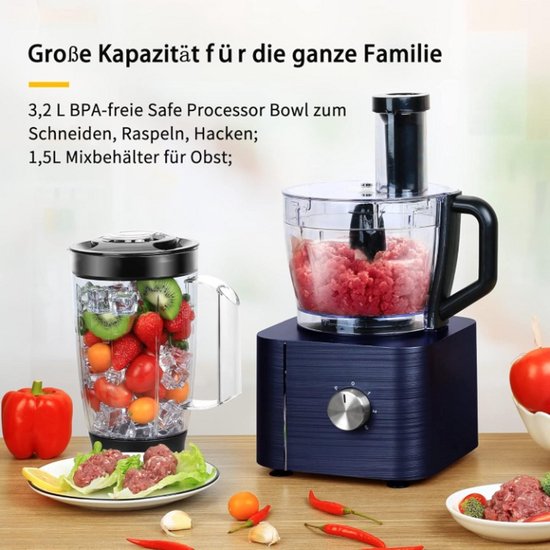 Keukenmachine - Hakmolen - Foodprocessor - Keukenmixer - Inc. 3.2L Mengkom - Deegkneden - Keukenmachine Hakmolen - 1.5L Mixer - Molen - Citruspers - Garde - Kunststof - 1100W - 40 x 27 x 40 cm - Donkerblauw — afbeelding 5