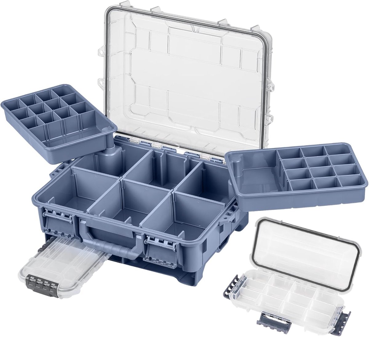Retadou - Waterdichte viskoffer, visaasdoos, visgereedschapskist, draagbare visbox met twee 3500 Stowaway boxen en uitneembare scheidingswanden, tackle box vissen in blauw