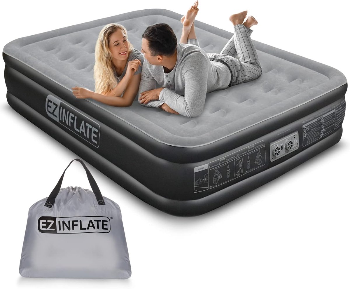 Luchtmatras met Ingebouwde Pomp - Luxe Maat voor Thuis, Camping en Reizen - Opblaasbaar Bed in Zwart en Grijs