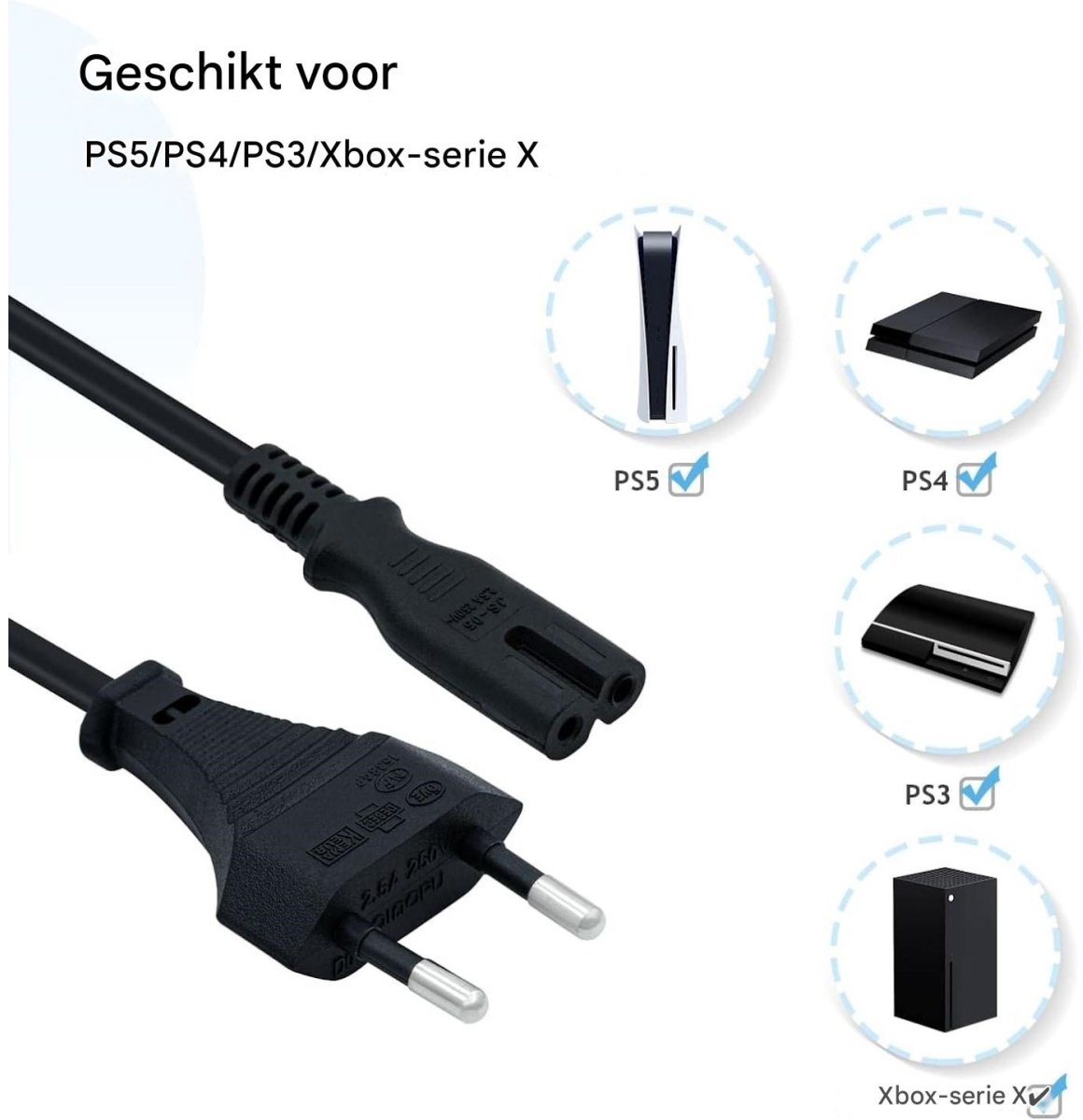 c7 kabel - 1,5 m zwarte stroomkabel - C7-draad Euro-stekker - C7 2-pins stroomkabel - stroomkabel 2 aderig - geschikt voor PS5 / PS4 / PS3 / Xbox Series X/S - zwart — cadeau in Cadeau-ideeën - foto 3