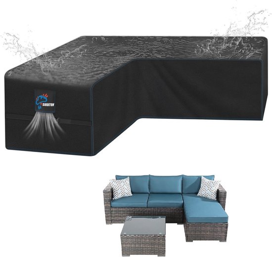 L-vormige hoes voor buitenbank, 215 x 215 x 87 cm, terrasbankhoes voor L-vormige sectionele gazonmeubels, waterdichte tuinmeubelhoes met ventilatieopening en handvat, tafelstoelbescherming