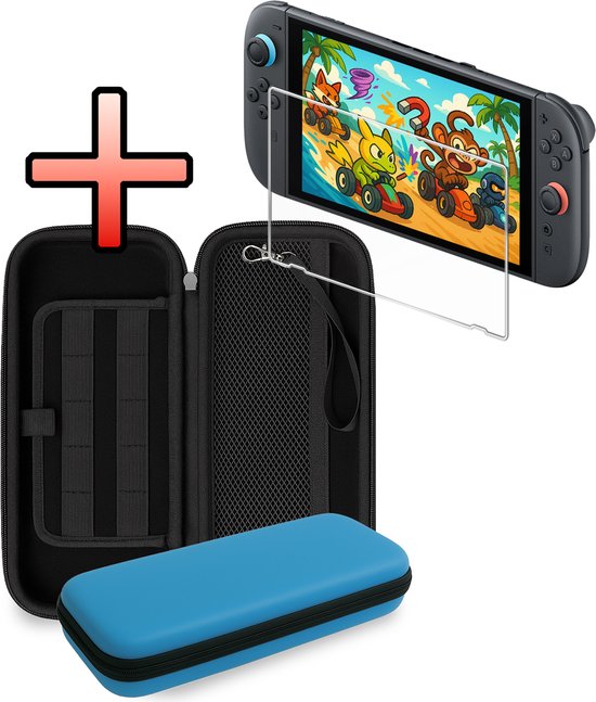 Blauwe hoes, Nintendo Switch, beeldschermprotector en etui.
