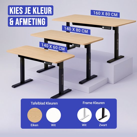 Drie eiken bureaus met zwart frame in de afmetingen 140x60cm, 140x80cm en 160x80cm. Keuzes voor eiken of wit tafelblad, en wit of zwart frame.