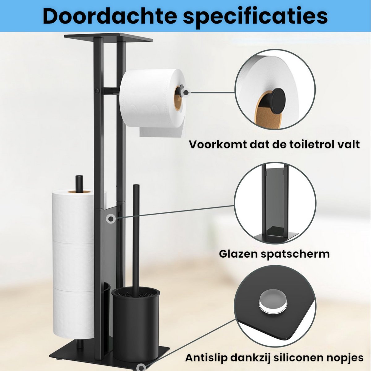 KES Toiletrolhouder vrijstaand met marmeren basis, badkamer toiletpapierhouder toiletrolstandaard 18/8 roestvrij staal geborstelde afwerking, BPH284S1-2