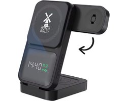 Chargeur rapide sans fil 3-en-1 Dutch Quality® avec horloge numérique – 15 W – Avec câble USB C de 1 mètre – Magsafe et Qi – Station de charge – Compatible avec Apple iPhone 16/15/14/13/12/ Mini/ Pro/Max, Apple Watch et AirPods – sans adaptateur