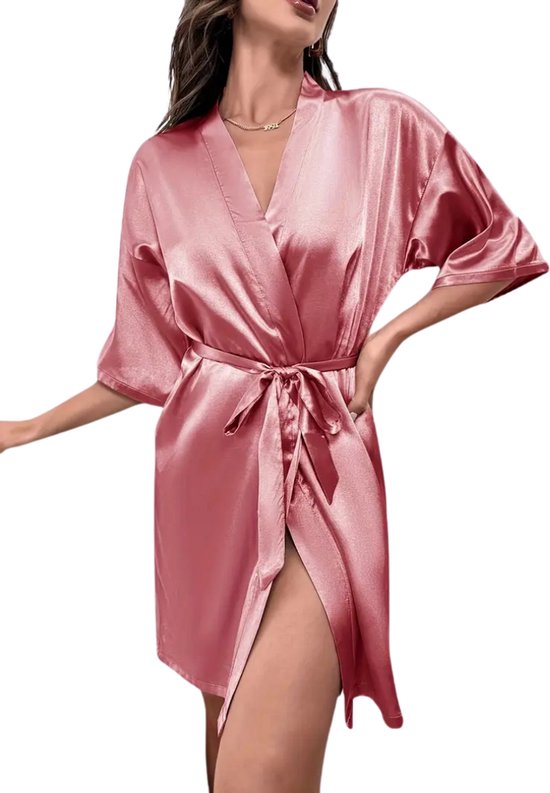 Bovista Satijnen Badjas Dames - Kimono - Kamerjas - Satijn - Ochtendjas - Pyjama - Roze - Maat S