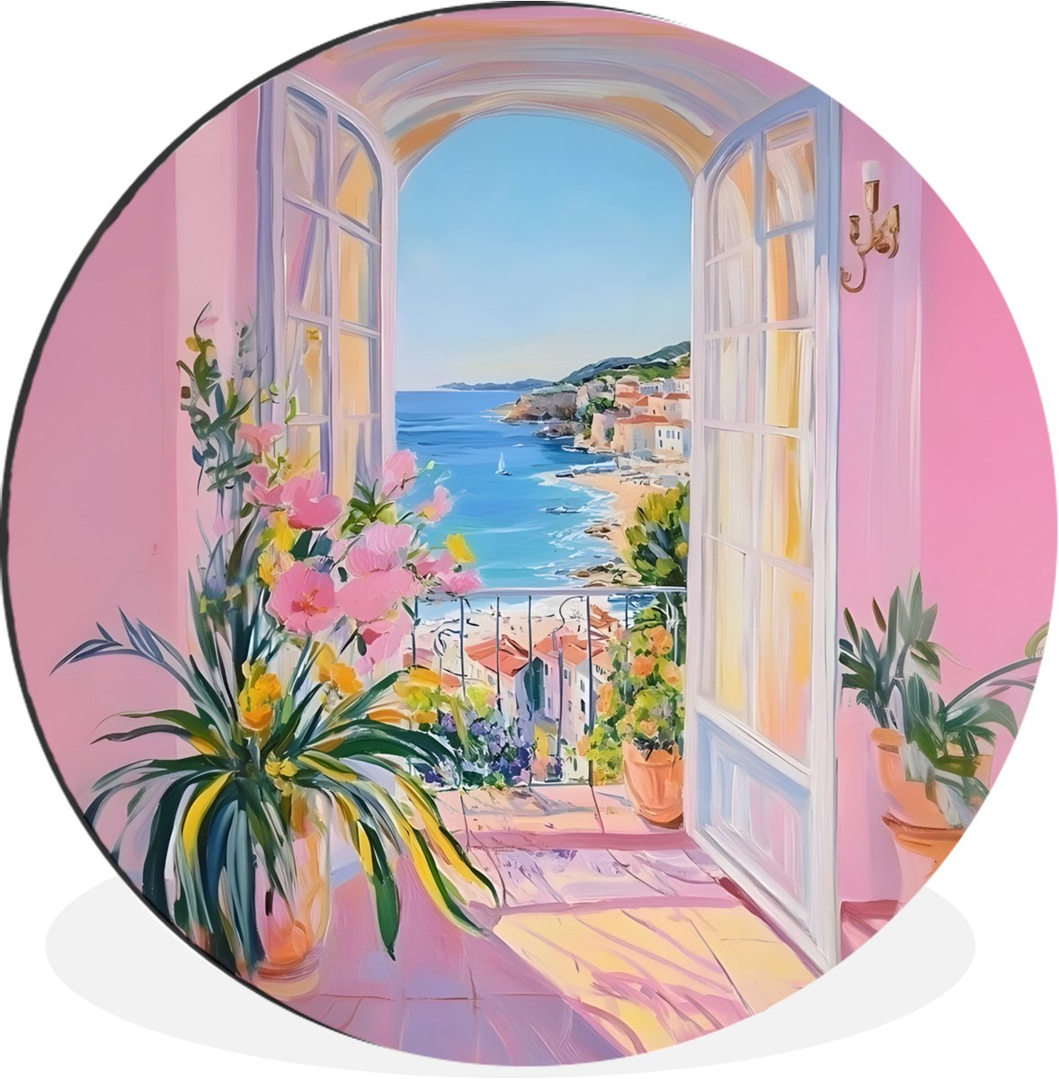 WallCircle Wandcirkel - Muurcirkel - Roze - Buiten - Verf - Aluminium - Dibond - 120x120 cm - Binnen en Buiten Strand - Balkon