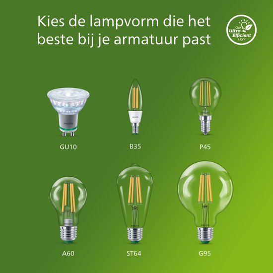 Philips LED UltraEfficient Clear A60 Glühfadenlampe, E27 Edison-Schraube, Energieklasse A, 485 lm, 40 W Äquivalent, Warmweiß (2700 K), dimmbar, EyeComfort, 50.000 Stunden, 1 Packung